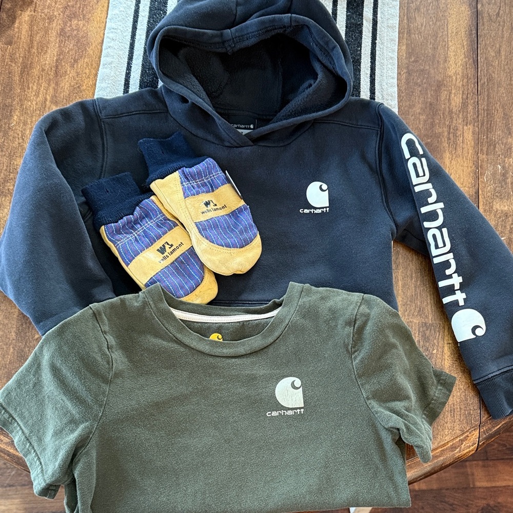 Carhartt Kids' Black Hoodie and Olive T-Shirt Set -Mittens included!